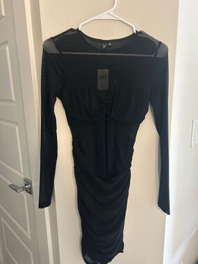 Windsor Black Long-Sleeve Mesh Ruched Mini Dress